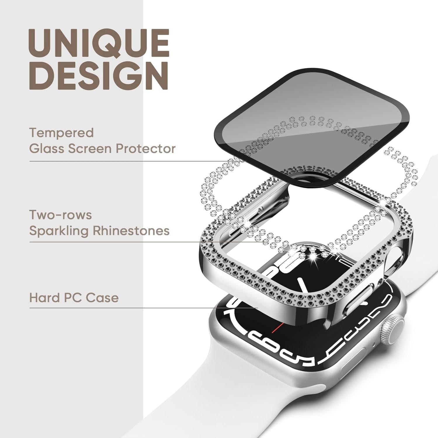 For Apple Watch Series 9 / 8 / 7 45mm Watch Case Rhinestone PC Frame with Anti-spy Tempered Glass Screen Film - Clear For Apple Watch Series 9 / 8 / 7 45mm Watch Case Rhinestone PC Frame with Anti-spy Tempered Glass Screen Film - Clear